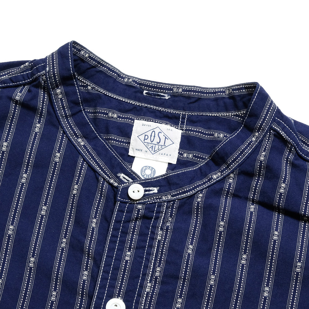 POST O'ALLS - Band Collar Shirt MV - stripe shirting indigo - 1203C-SSI