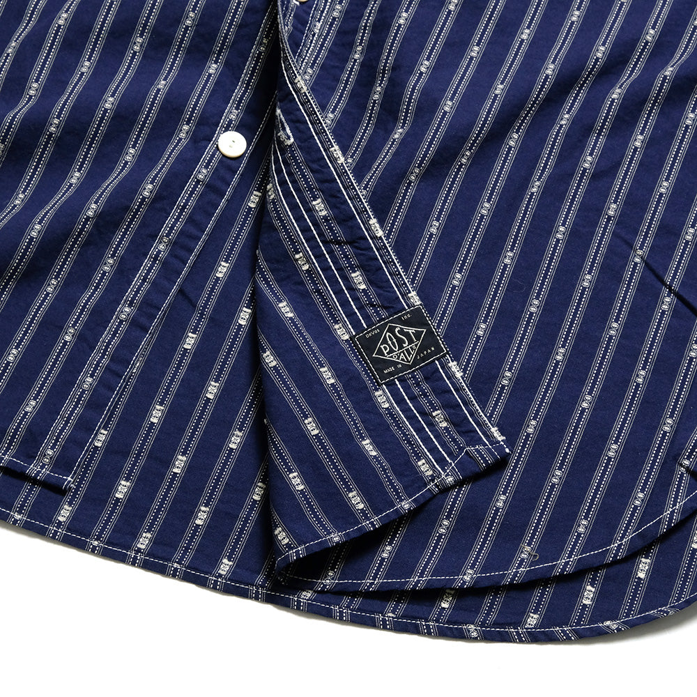POST O'ALLS - Band Collar Shirt MV - stripe shirting indigo - 1203C-SSI