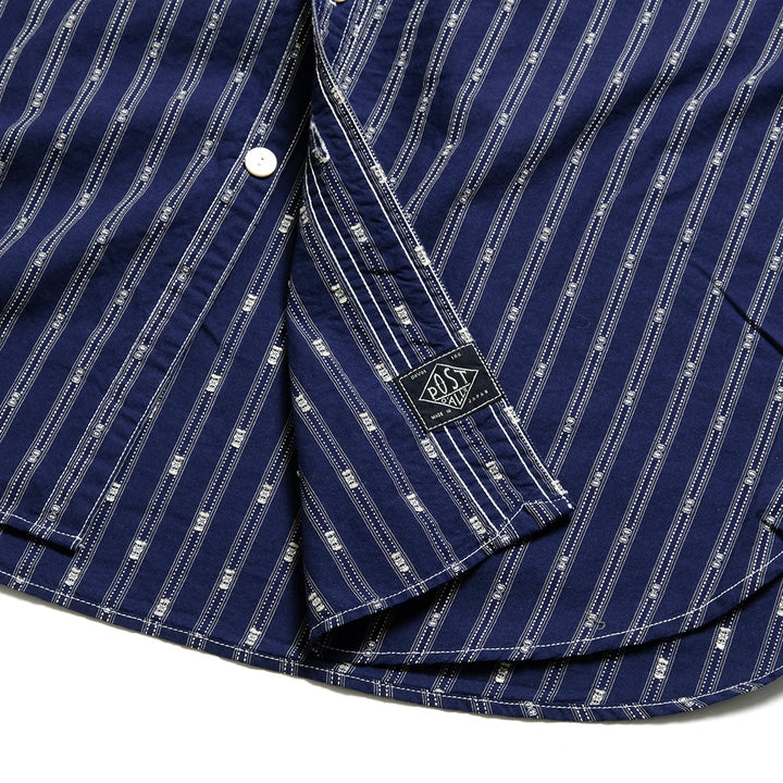 POST O'ALLS - Band Collar Shirt MV - stripe shirting indigo - 1203C-SSI