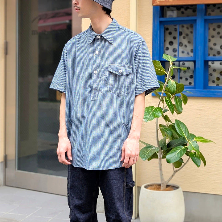 POST O'ALLS - NAVY CUT S/S - stripe chambray indigo - 3213S-SC