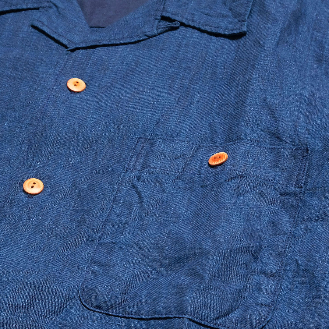 BURGUS PLUS - Indigo Open Collar Linen L/S Shirt - BP26502