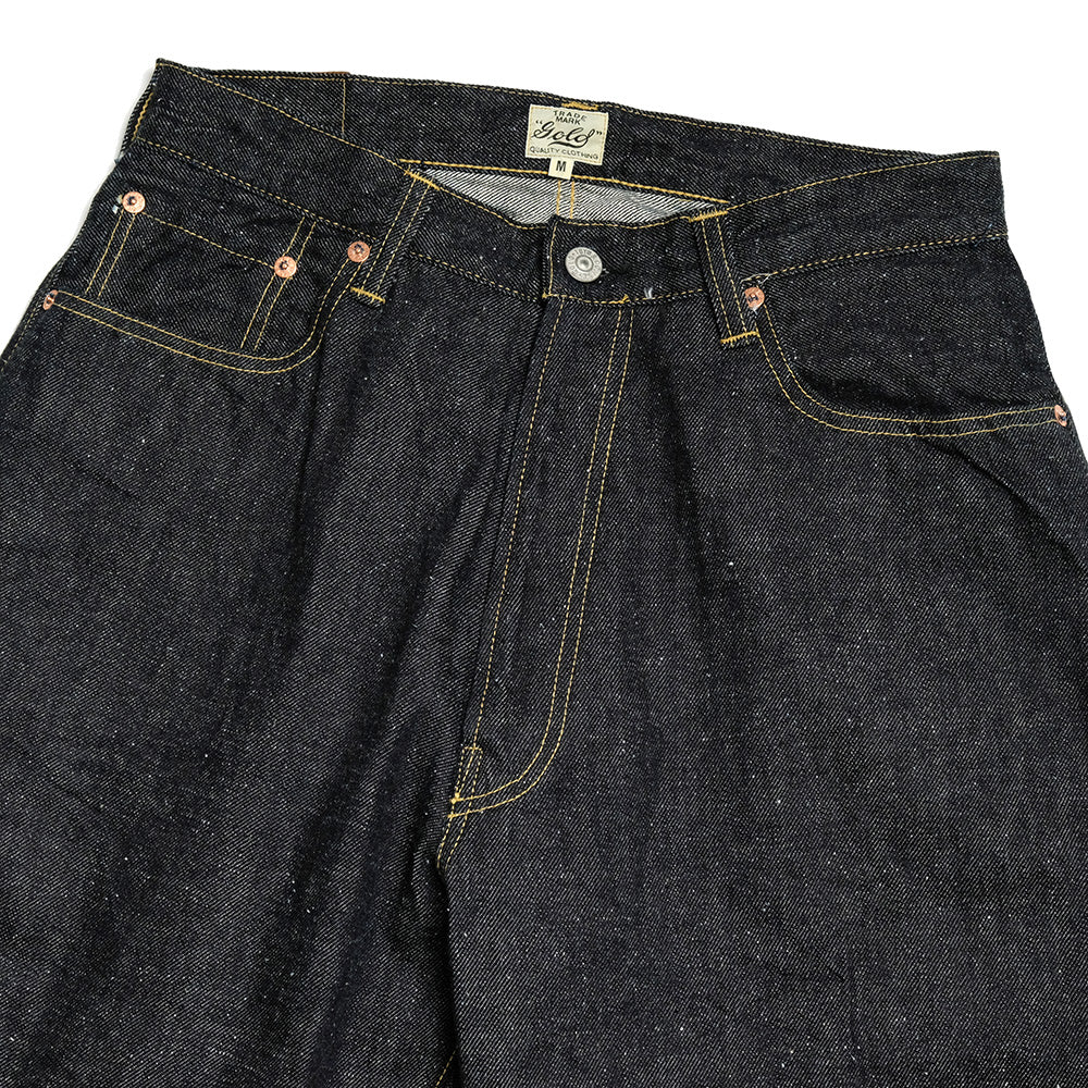 GOLD - RECYCLED WASTE SUVIN COTTON YARN 11.5oz. DENIM 5POCKET WIDE PANTS (ZIPPER FLY) - GL42505A