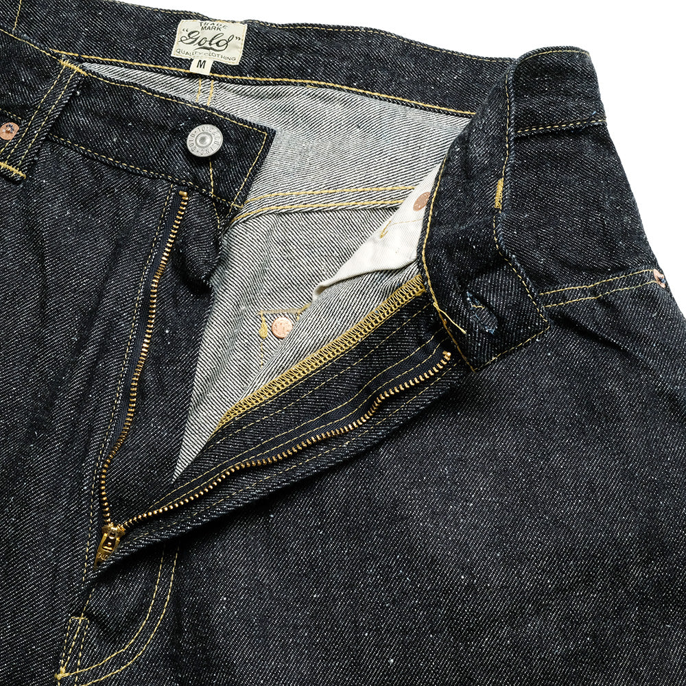GOLD - RECYCLED WASTE SUVIN COTTON YARN 11.5oz. DENIM 5POCKET WIDE PANTS (ZIPPER FLY) - GL42505A