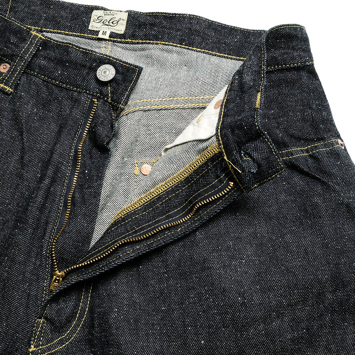GOLD - RECYCLED WASTE SUVIN COTTON YARN 11.5oz. DENIM 5POCKET WIDE PANTS (ZIPPER FLY) - GL42505A