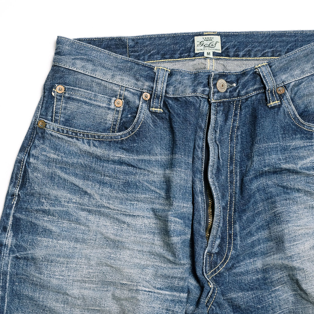 GOLD - RECYCLED WASTE SUVIN COTTON YARN 11.5oz. DENIM 5POCKET WIDE PANTS - VINTAGE WASHED - GL42621H