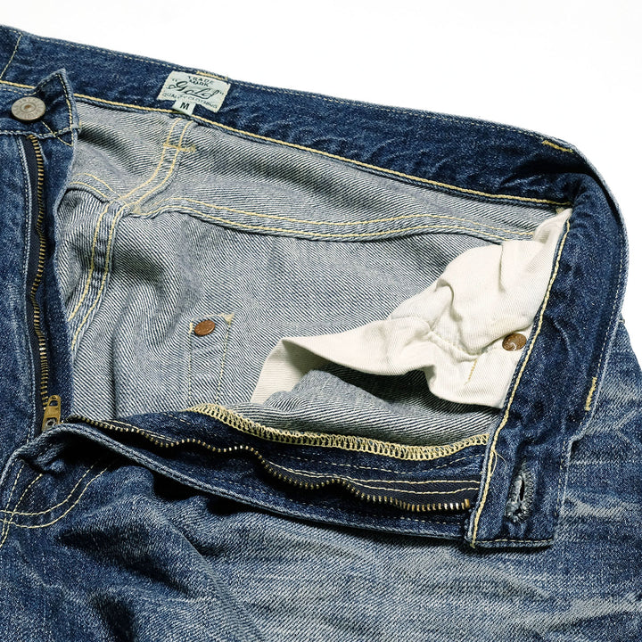 GOLD - RECYCLED WASTE SUVIN COTTON YARN 11.5oz. DENIM 5POCKET WIDE PANTS - VINTAGE WASHED - GL42621H