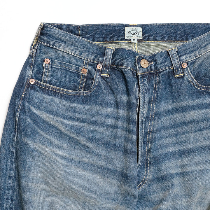 GOLD - RECYCLED WASTE SUVIN COTTON YARN 11.5oz. DENIM 5POCKET BAGGY PANTS - VINTAGE WASHED - GL42622H