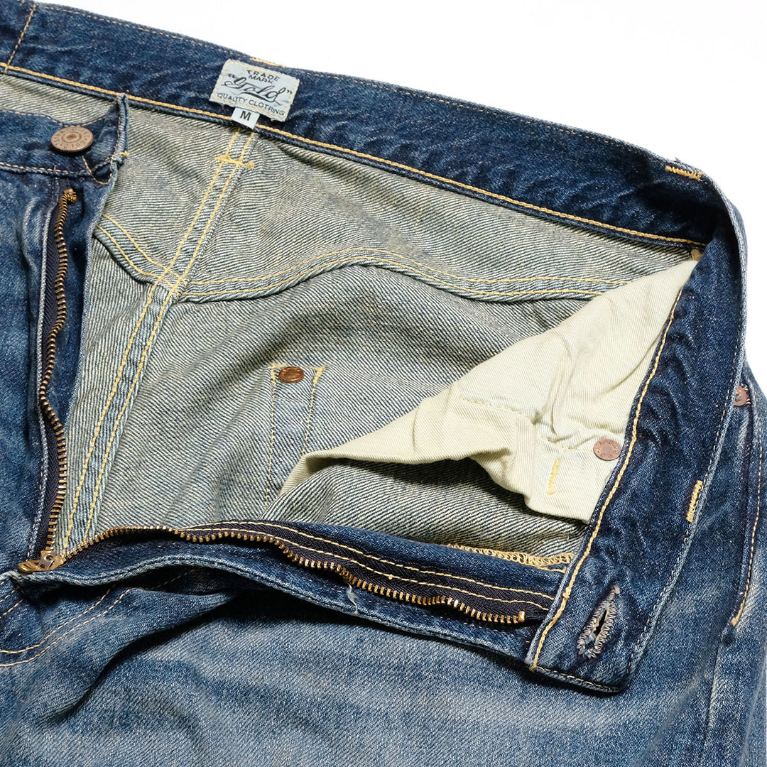 GOLD - RECYCLED WASTE SUVIN COTTON YARN 11.5oz. DENIM 5POCKET BAGGY PANTS - VINTAGE WASHED - GL42622H
