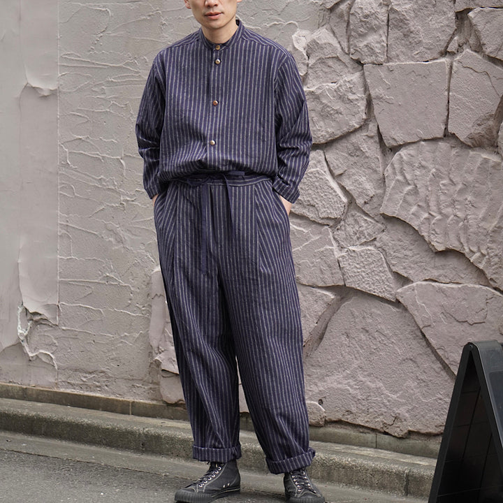 FRANK LEDER - STRIPED LINEN / COTTON - 1 TUCK DRAWSTRING PANTS - FL-0913017