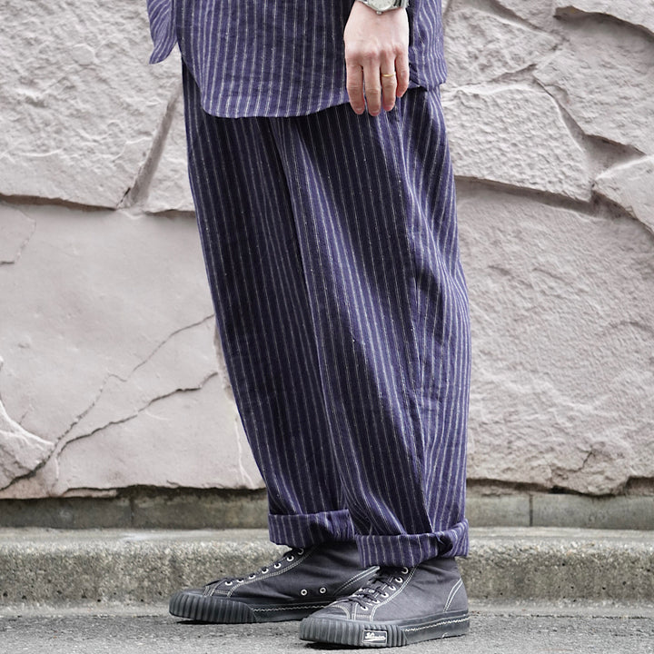 FRANK LEDER - STRIPED LINEN / COTTON - 1 TUCK DRAWSTRING PANTS - FL-0913017