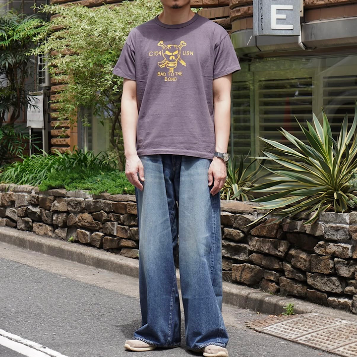 GOLD - RECYCLED WASTE SUVIN COTTON YARN 11.5oz. DENIM 5POCKET BAGGY PANTS - VINTAGE WASHED - GL42622H