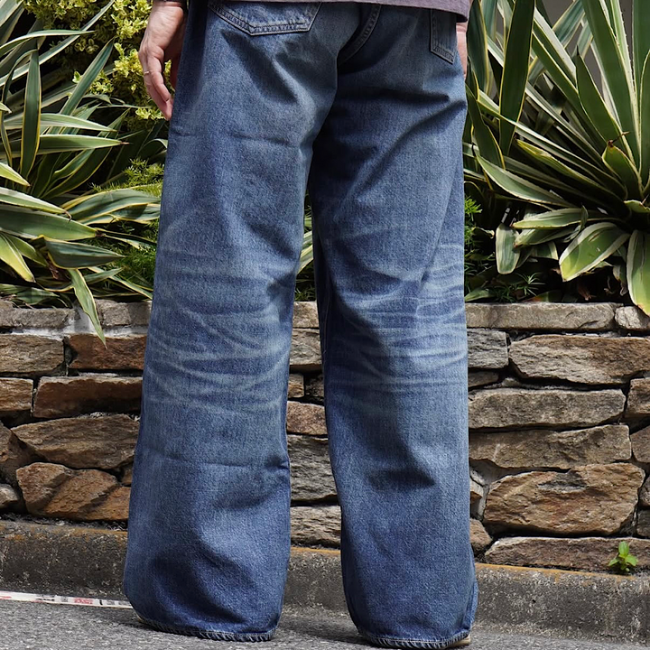 GOLD - RECYCLED WASTE SUVIN COTTON YARN 11.5oz. DENIM 5POCKET BAGGY PANTS - VINTAGE WASHED - GL42622H