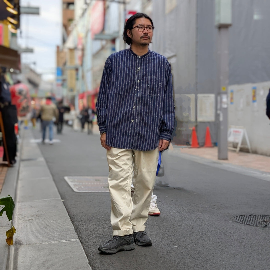 POST O'ALLS - Band Collar Shirt MV - stripe shirting indigo - 1203C-SSI