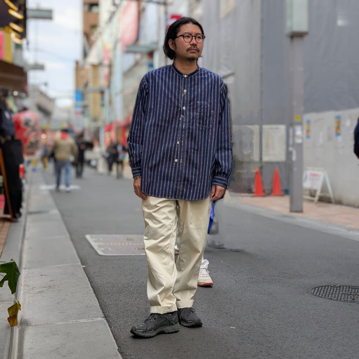 POST O'ALLS - Band Collar Shirt MV - stripe shirting indigo - 1203C-SSI