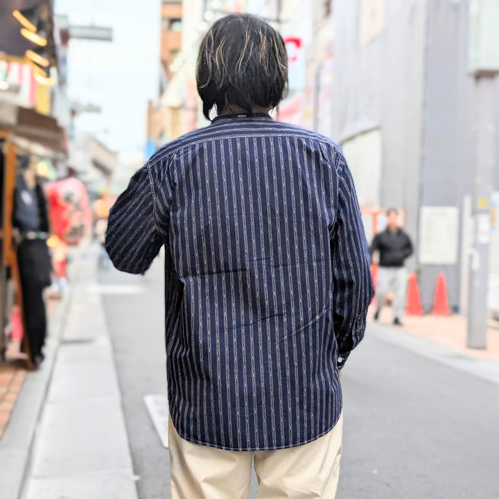 POST O'ALLS - Band Collar Shirt MV - stripe shirting indigo - 1203C-SSI