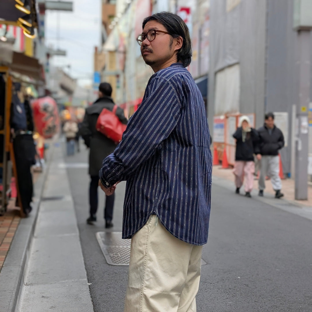 POST O'ALLS - Band Collar Shirt MV - stripe shirting indigo - 1203C-SSI