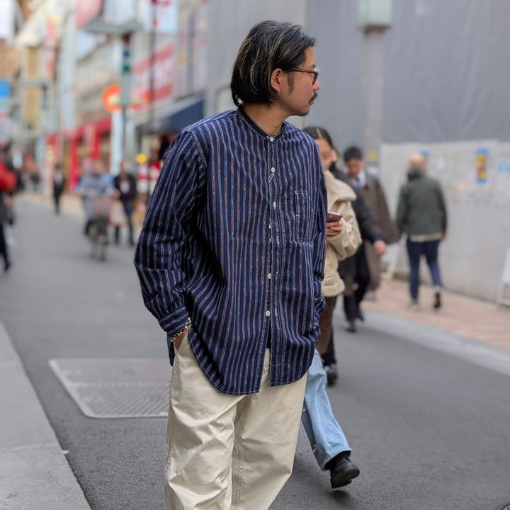 POST O'ALLS - Band Collar Shirt MV - stripe shirting indigo - 1203C-SSI