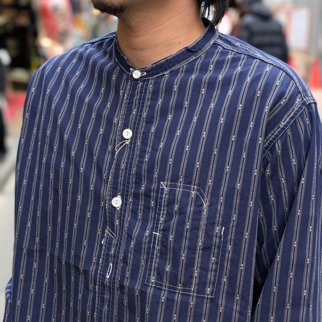 POST O'ALLS - Band Collar Shirt MV - stripe shirting indigo - 1203C-SSI