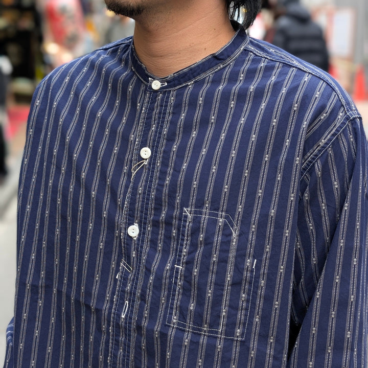 POST O'ALLS - Band Collar Shirt MV - stripe shirting indigo - 1203C-SSI