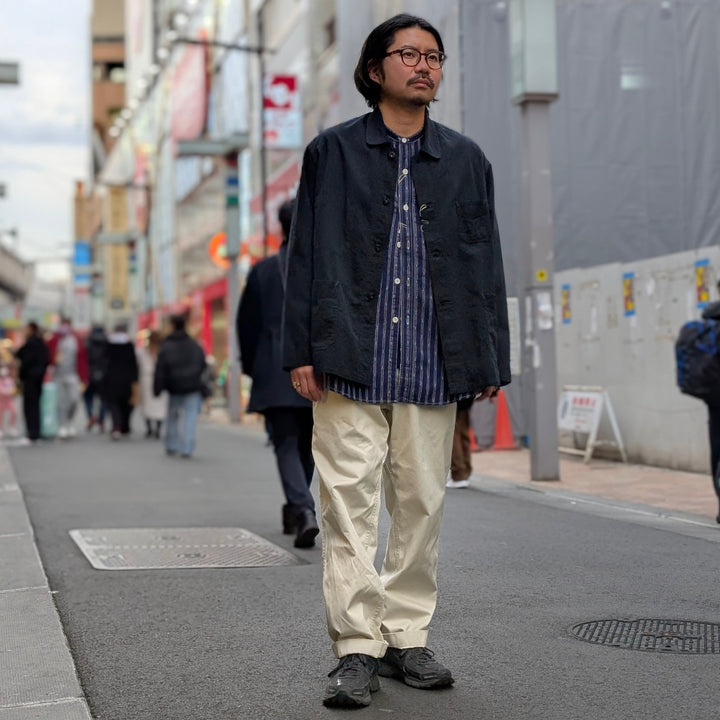POST O'ALLS - Band Collar Shirt MV - stripe shirting indigo - 1203C-SSI