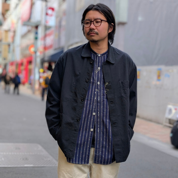 POST O'ALLS - Band Collar Shirt MV - stripe shirting indigo - 1203C-SSI