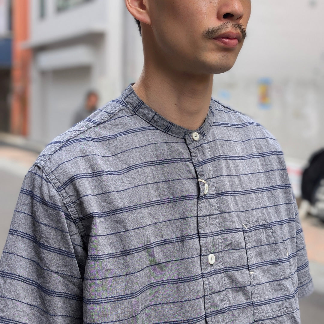 POST O'ALLS - Band Collar Shirt S/S - horizontal stripe gray - 1203S-HSG