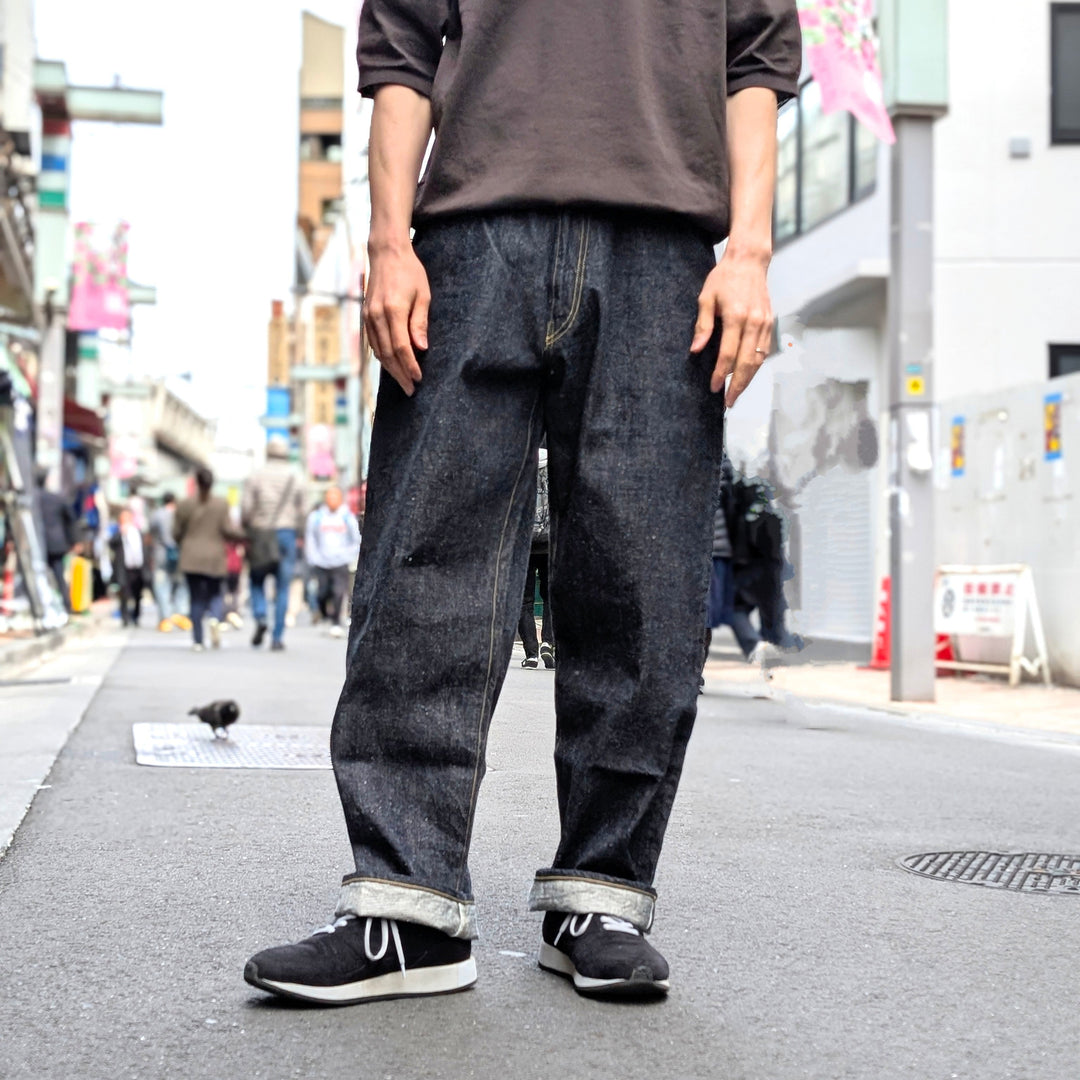 GOLD - RECYCLED WASTE SUVIN COTTON YARN 11.5oz. DENIM 5POCKET WIDE PANTS (ZIPPER FLY) - GL42505A