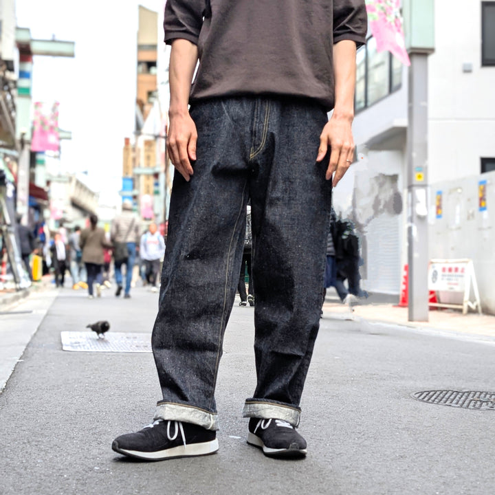 GOLD - RECYCLED WASTE SUVIN COTTON YARN 11.5oz. DENIM 5POCKET WIDE PANTS (ZIPPER FLY) - GL42505A