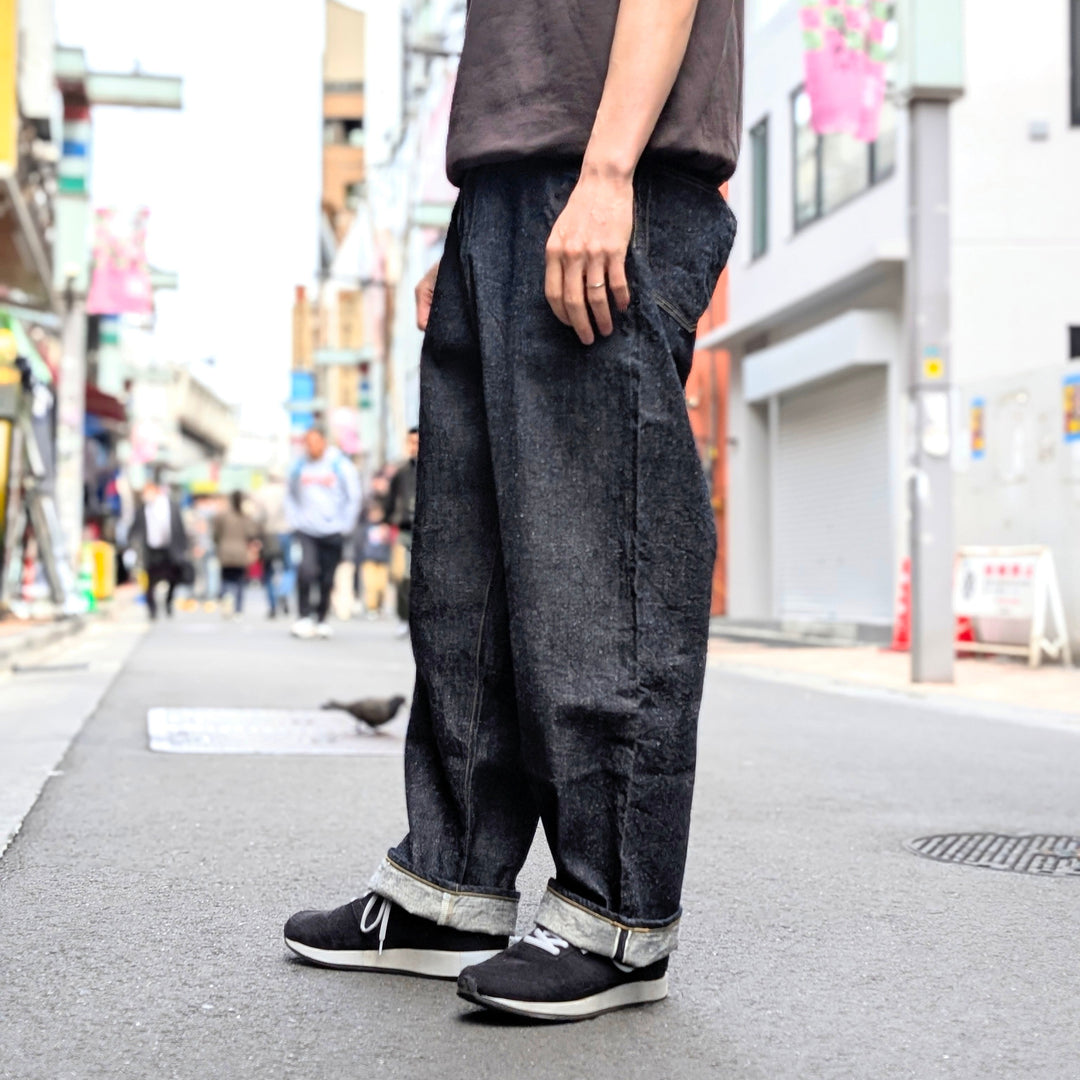 GOLD - RECYCLED WASTE SUVIN COTTON YARN 11.5oz. DENIM 5POCKET WIDE PANTS (ZIPPER FLY) - GL42505A