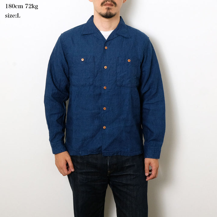 BURGUS PLUS - Indigo Open Collar Linen L/S Shirt - BP26502
