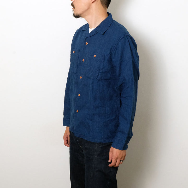 BURGUS PLUS - Indigo Open Collar Linen L/S Shirt - BP26502