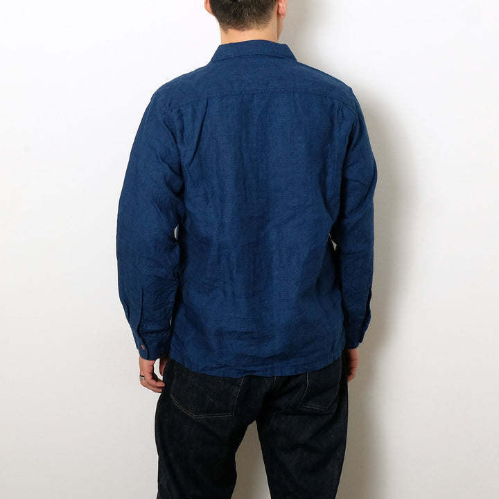 BURGUS PLUS - Indigo Open Collar Linen L/S Shirt - BP26502
