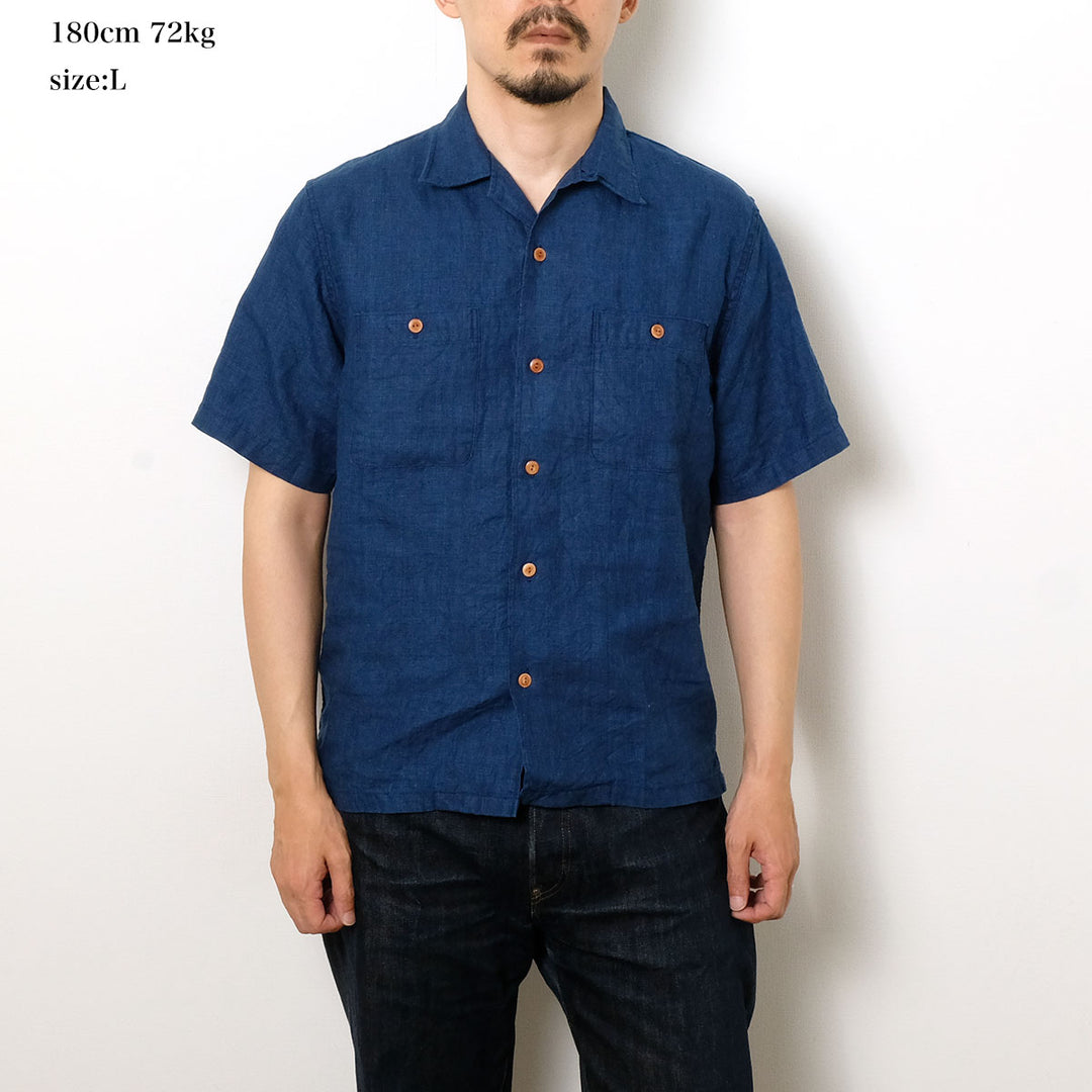 BURGUS PLUS - Indigo Open Collar Linen S/S Shirt - BP26504