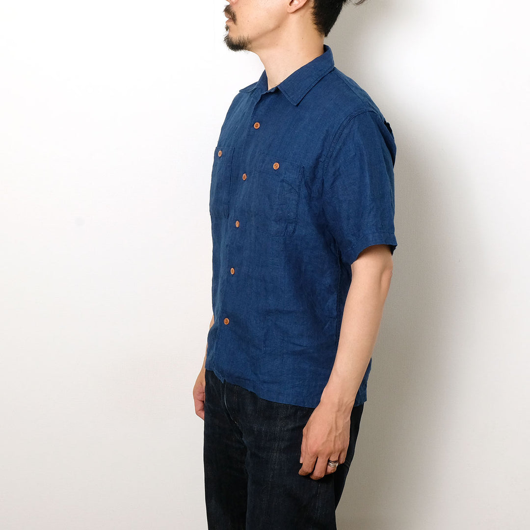 BURGUS PLUS - Indigo Open Collar Linen S/S Shirt - BP26504