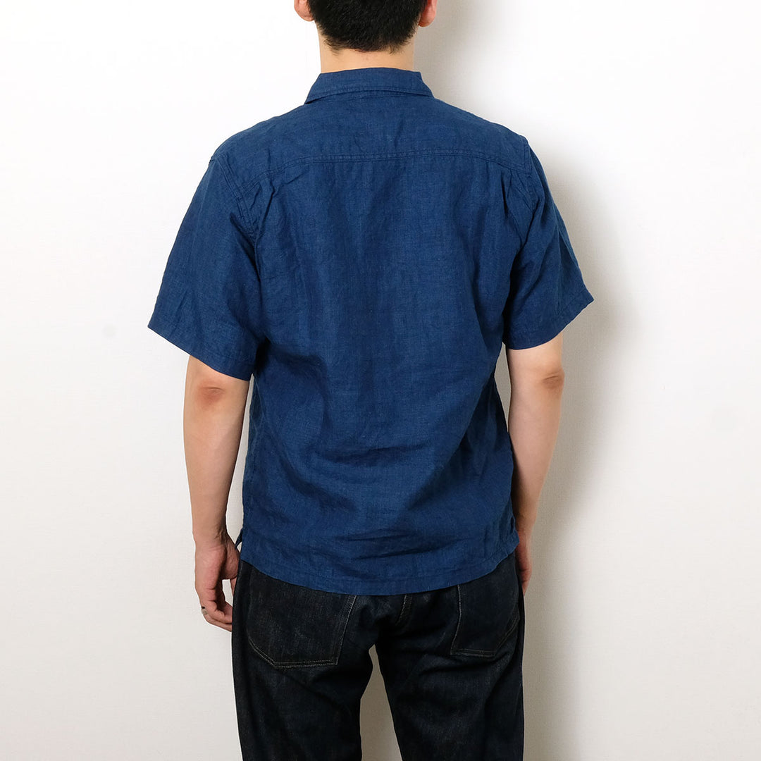 BURGUS PLUS - Indigo Open Collar Linen S/S Shirt - BP26504