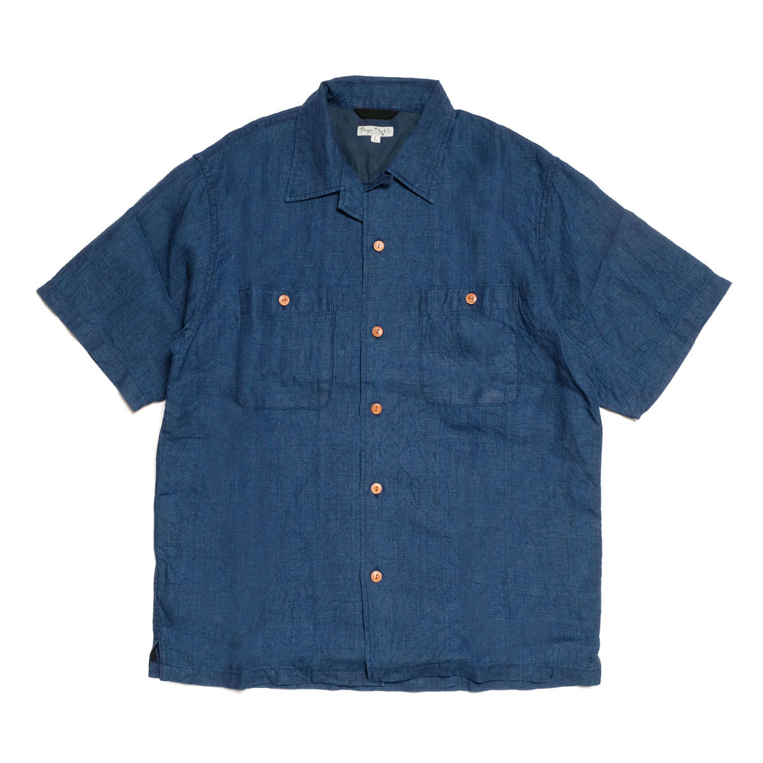 BURGUS PLUS - Indigo Open Collar Linen S/S Shirt - BP26504