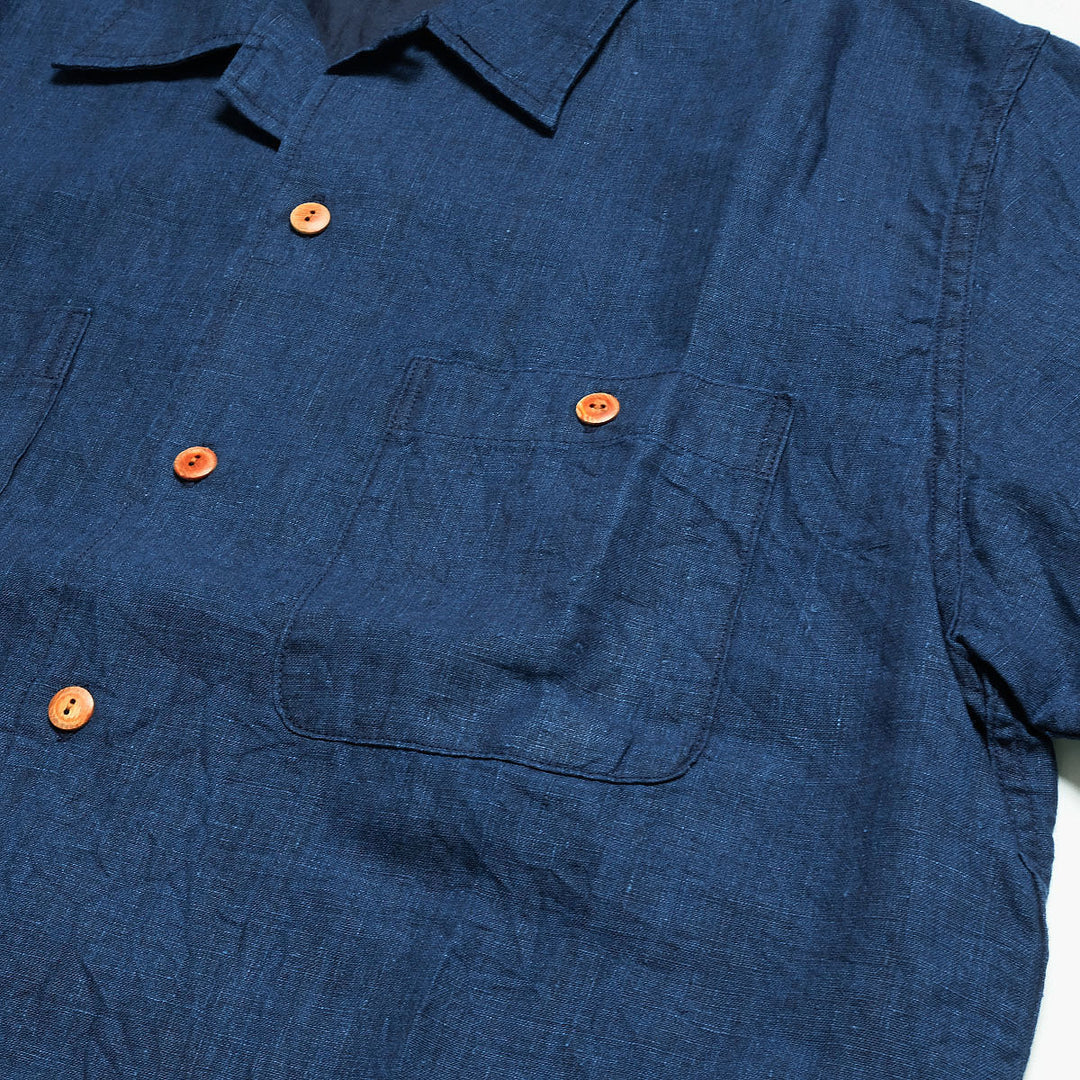 BURGUS PLUS - Indigo Open Collar Linen S/S Shirt - BP26504