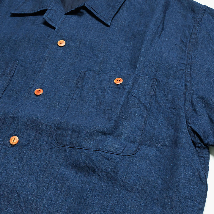 BURGUS PLUS - Indigo Open Collar Linen S/S Shirt - BP26504