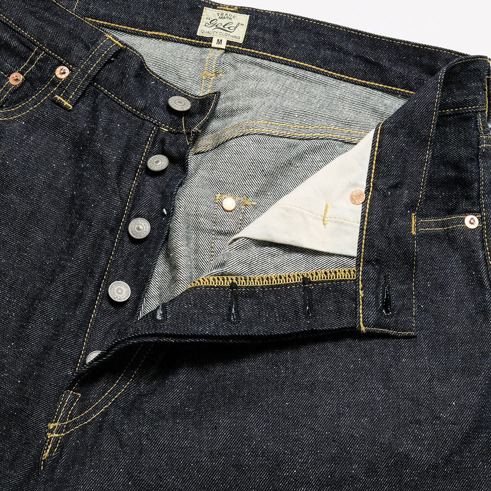 GOLD - RECYCLED WASTE SUVIN COTTON YARN 11.5oz. DENIM 5POCKET WIDE PANTS - GL42427A