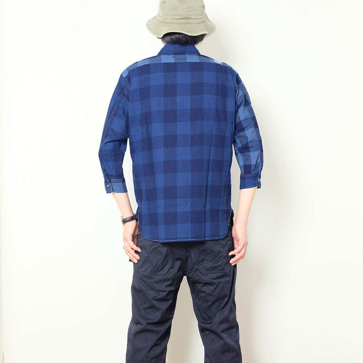 NOBLE MINE - 3/4 SLEEVE WORK SHIRT - Indigo Stripe - Indigo Check
