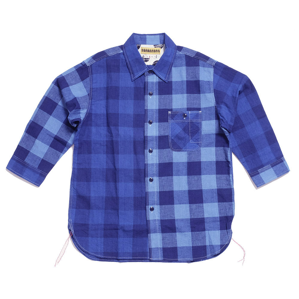 NOBLE MINE - 3/4 SLEEVE WORK SHIRT - Indigo Stripe - Indigo Check