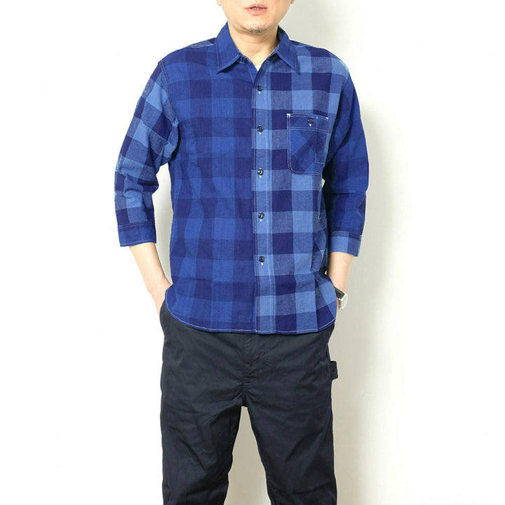 NOBLE MINE - 3/4 SLEEVE WORK SHIRT - Indigo Stripe - Indigo Check