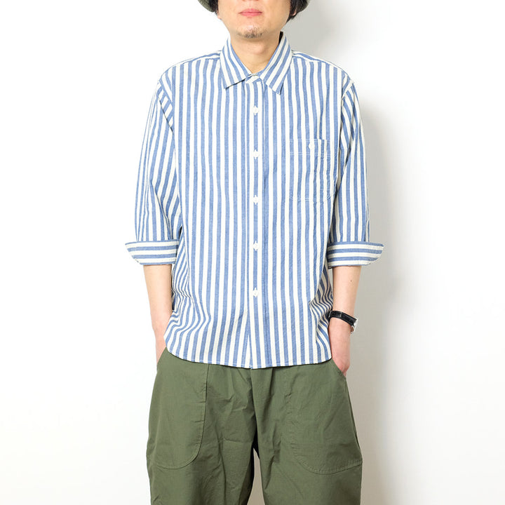 NOBLE MINE - 3/4 SLEEVE WORK SHIRT - Indigo Stripe - Indigo Check
