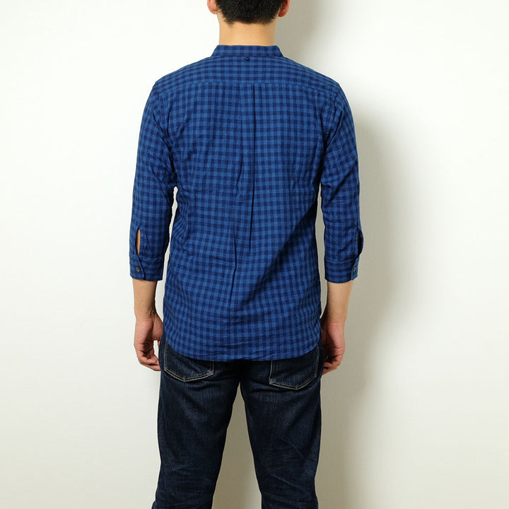 SUN HOUSE - Cotton/Linen 3/4 Sleeve Band Collar Shirt